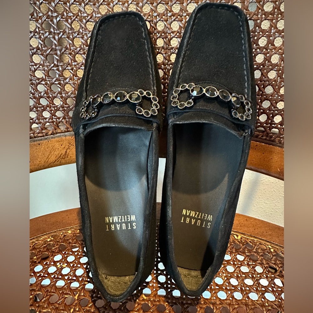 Stuart Weitzman Murphy Mocassins Black Suede Loafers Jewel Accents in Size 4